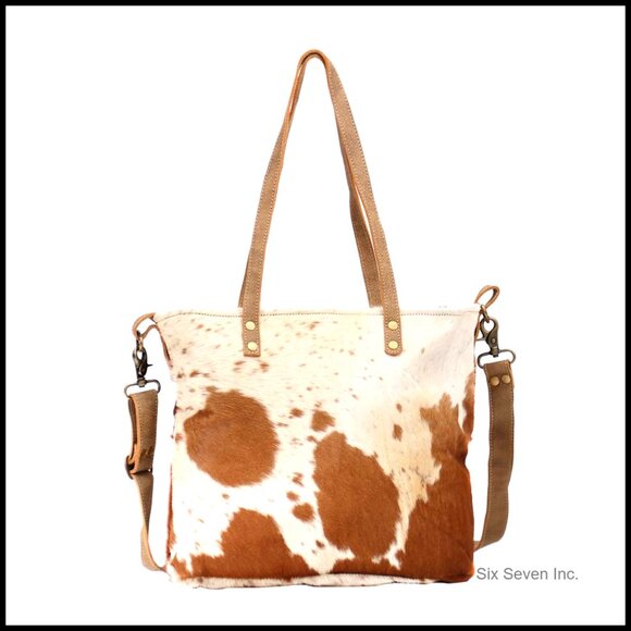 Cowprint Purse with Genuine Leather Straps Over The Shoulder Tote